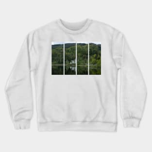 Wonderful landscapes in Norway. Vest-Agder. Beautiful scenery of whtite Gyland church reflecting in the lake. Mountains, road and trees in the background Crewneck Sweatshirt